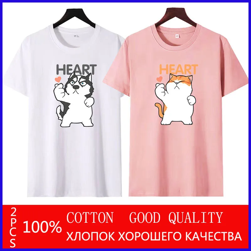 

2 шт./компл., 100% Хлопковая женская футболка для пары, для 50-100 кг, лето 2022, модные новые футболки с коротким рукавом и мультипликационным принто...