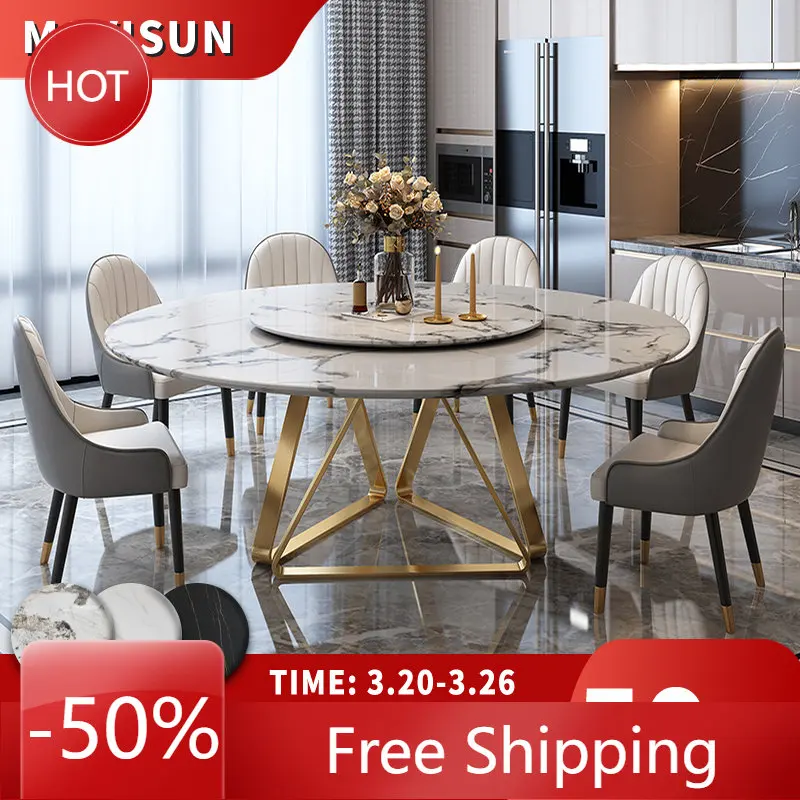 

Gorgeous Golden Dining Table With Turntable Leisure Round Marble Kitchen Table And Chair For Villa High-End Italian Furniture