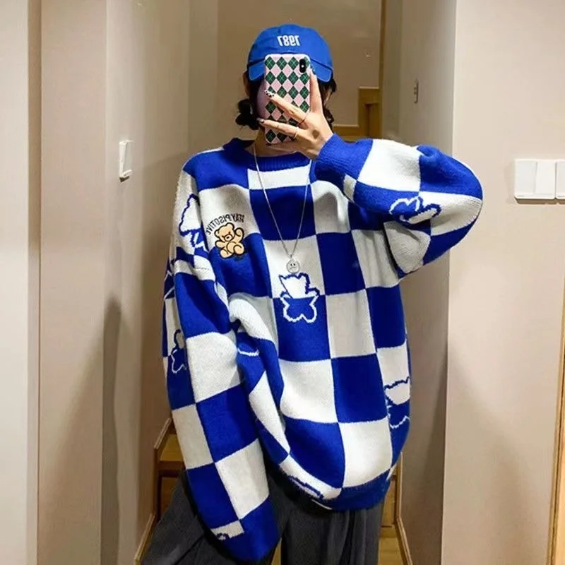 

Женский трикотажный свитер в стиле хип-хоп, уличный пуловер в клетку с вышивкой медведя, Осенний хлопковый Повседневный свитер в стиле Хара...