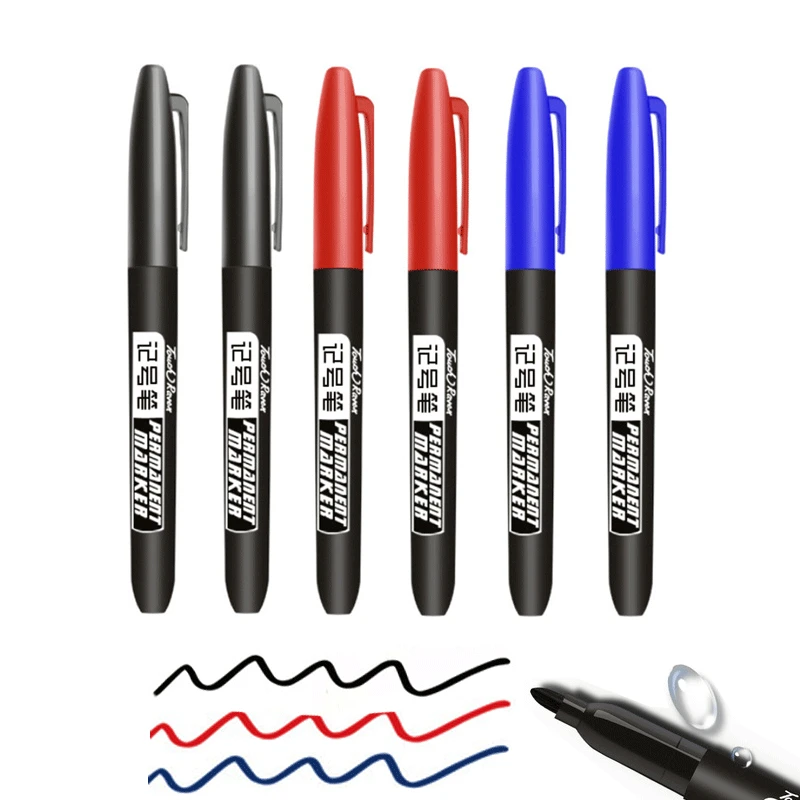 

6 Pcs/Set Permanent Marker Pen Fine Point Waterproof Ink Thin Nib Crude Nib Black Blue Red Ink 1.5mm Fine Color Marker Pens