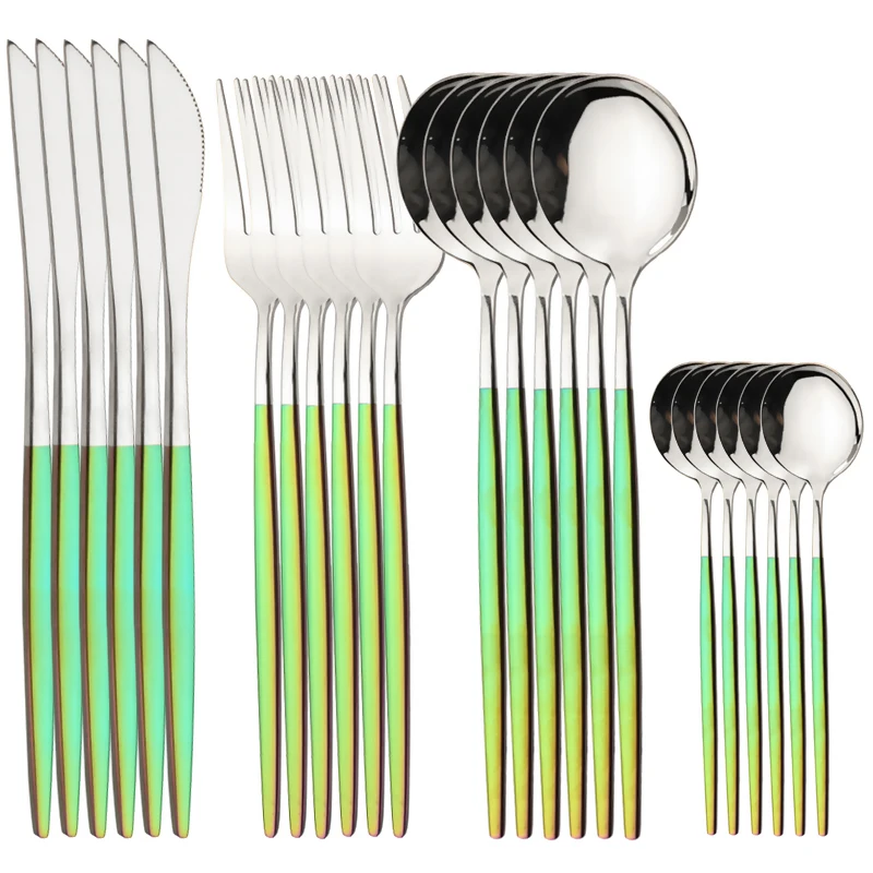 

AJOYOUS 24Pcs Cutlery Set Stainless Steel Dinnerware Rainbow Silver Faltware Knife Fork Tea Spoon Tableware Kitchen Mirror