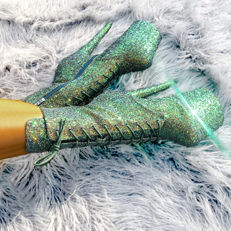 Sequins ultra-high heel nightclub sexy 20cm pole dance boots laced with large size bar waterproof platform Stripper Heels Fetish