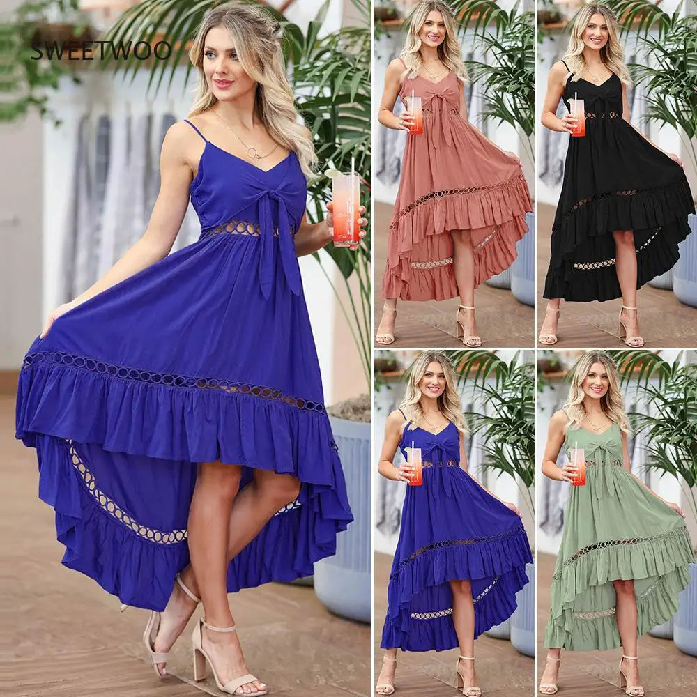 

2022 Sexy Backless Strap Long Dress Women Hollow Out Beach Dresses Party Ruffles Asymmetry Vestidos Sundress Robe Femme