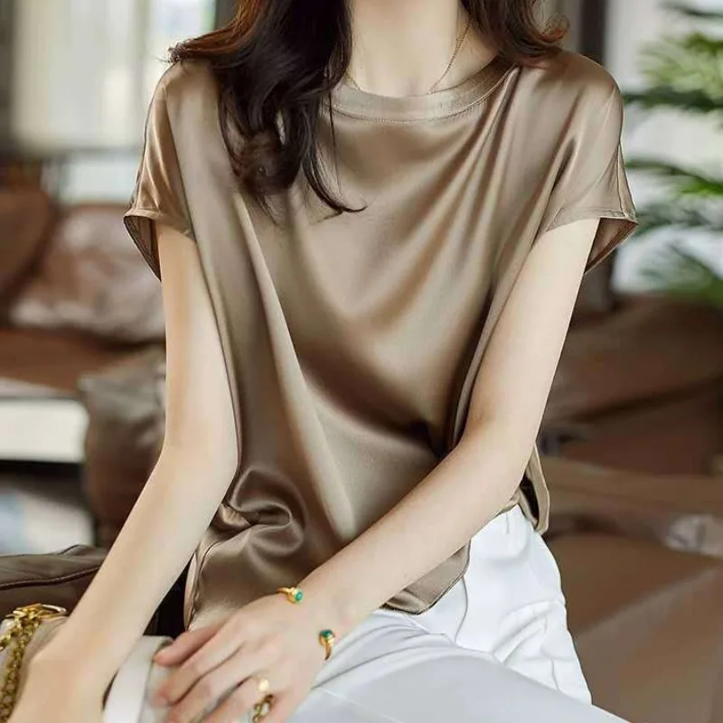 Летняя женская шелковая атласная блузка с коротким рукавом элегантные офисные