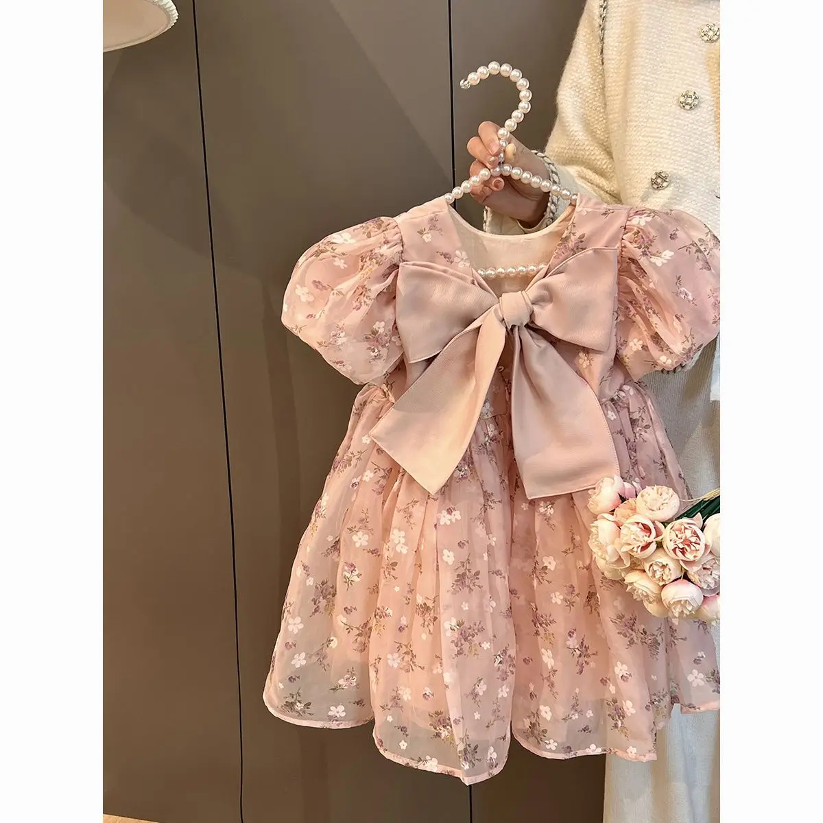 

Girls Casual Dresses Korean New Summer Style Princess Style Bubble Sleeve Floral Print Bows Girls Hollow Out Sweet