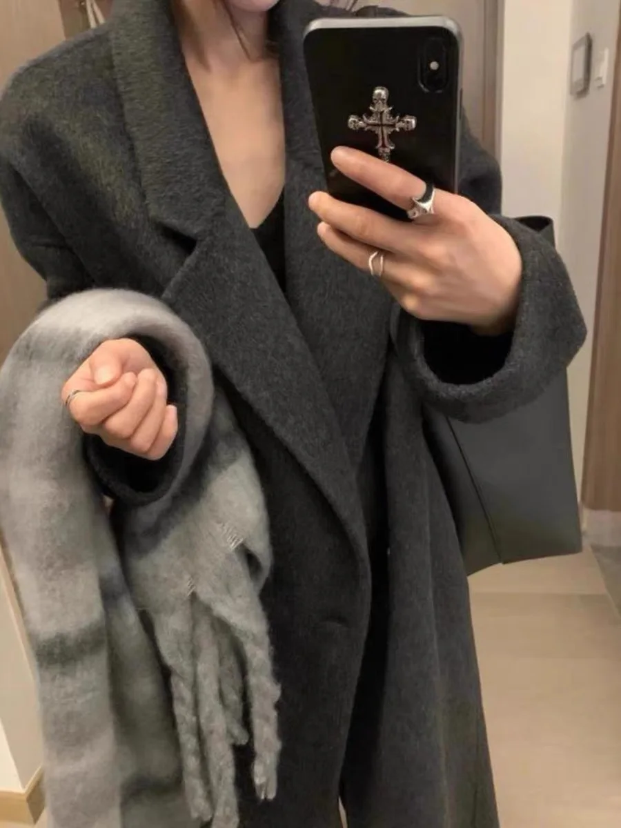 Черно-серое двустороннее шерстяное пальто для женщин новинка зимы 2024