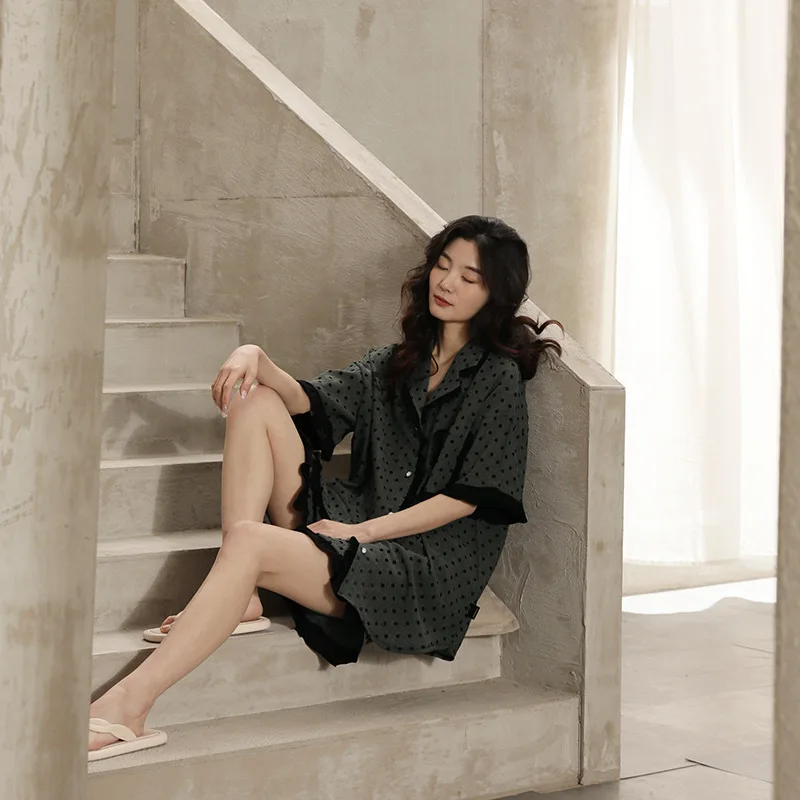 Lace Purple Woman Home Wear Summer Short Sleepwear Set 2 Pieces Black Color Pyjamas Pj Set Designer Pajamas