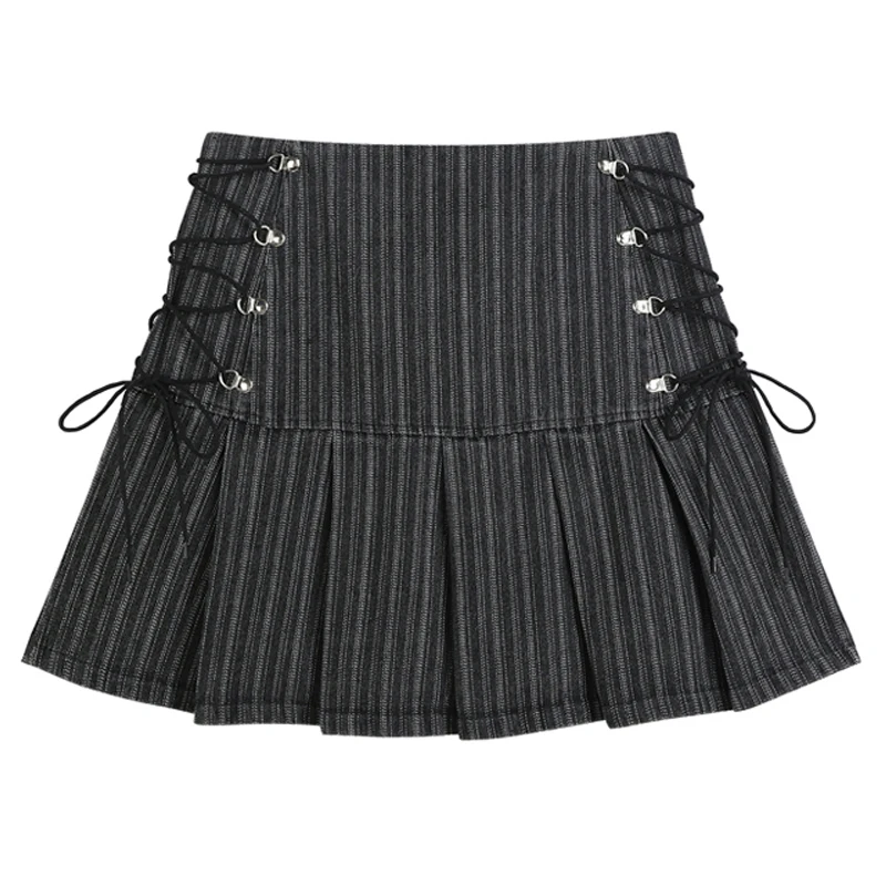 

2022 Stripe Bandage Mini Y2k Pleated Skirt Women Sexy High Waist Grey Summer Vintage A Line Skirt Vintage Harajuku Streetwar 90s