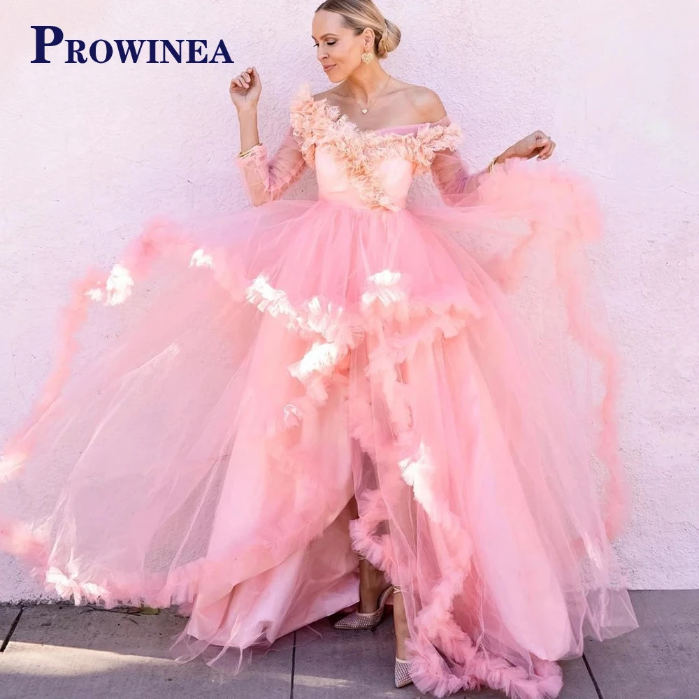 

Prowinea Attractive Pink Slit Ball Gown Evening Party For Women Pleat Off The Shoulder Custom Made Lace Vestidos Robes De Soirée