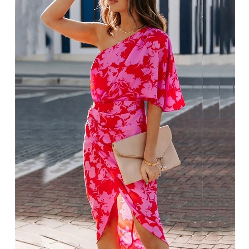

Wepbel One Shoulder Summer Dress Women Short Sleeve Rose Red Printed Wrap Bodycon Dress High Waist Midi High Waist Beach Dress