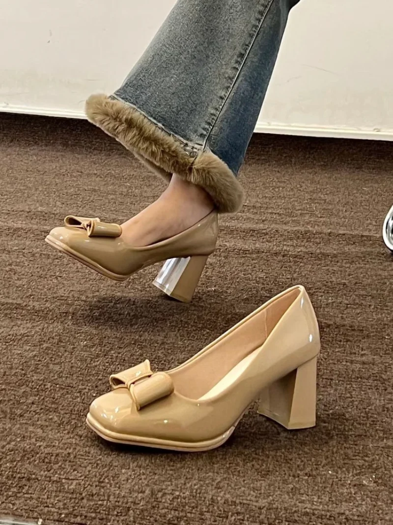 

Women's Summer Footwear White Pumps Shoes for Woman 2023 on Heeled Chunky Heels Block Heel High with Bow Office Square Toe Young