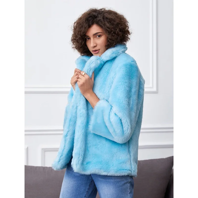 Women's Fur Jacket Winter Faux Fur Coat Women's, Blue Lapel Whole Leather Leather Fur Coat Faux Fur Coat