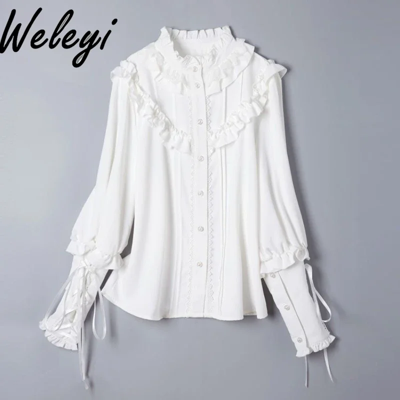 Женская блузка с длинным рукавом воротником-стойкой и кружевом