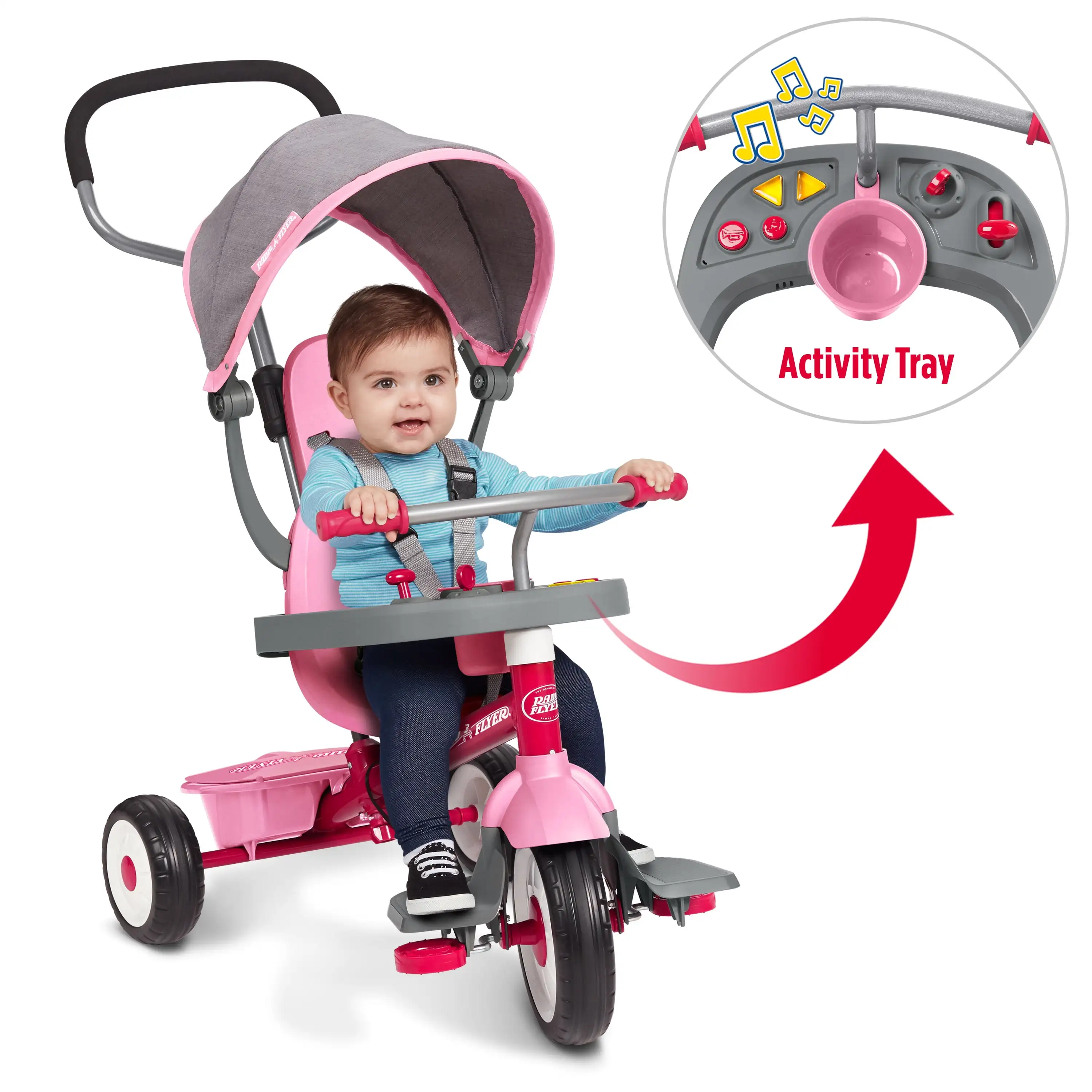 RD Flyer 4-in-1 Stroll 'N Trike with Activity Tray - Pink & Gray