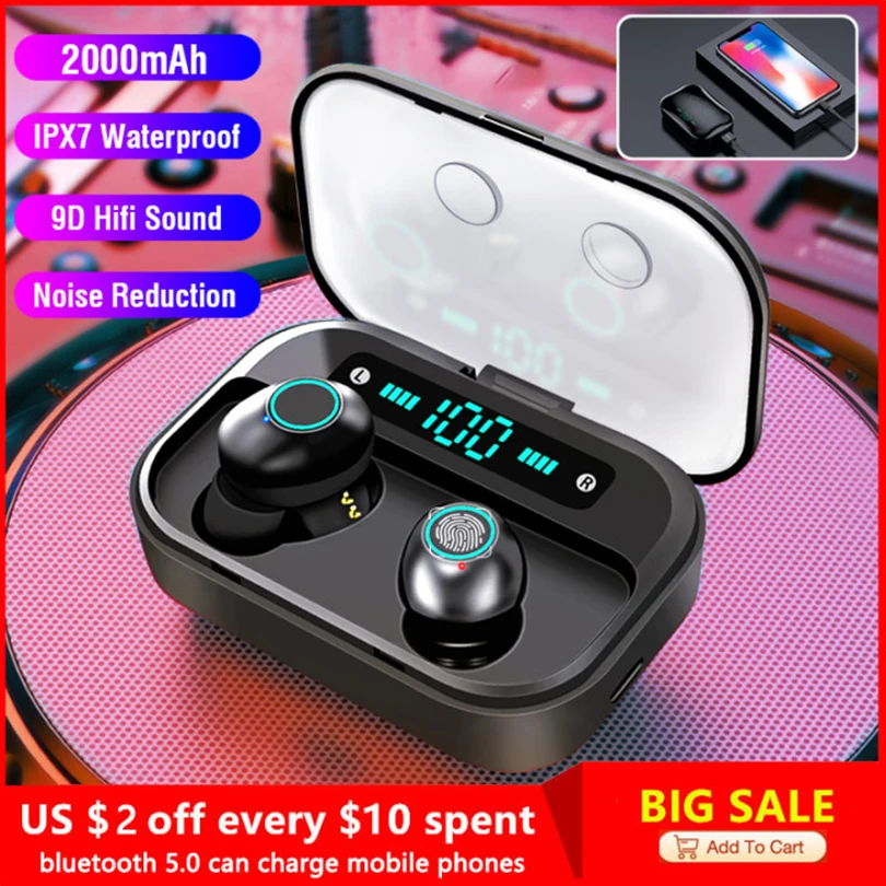 

2022 TWS беспроводные Bluetooth 5,1 наушники сенсорное управление 9D стереогарнитура с микрофоном спортивные наушники водонепроницаемые наушники со...