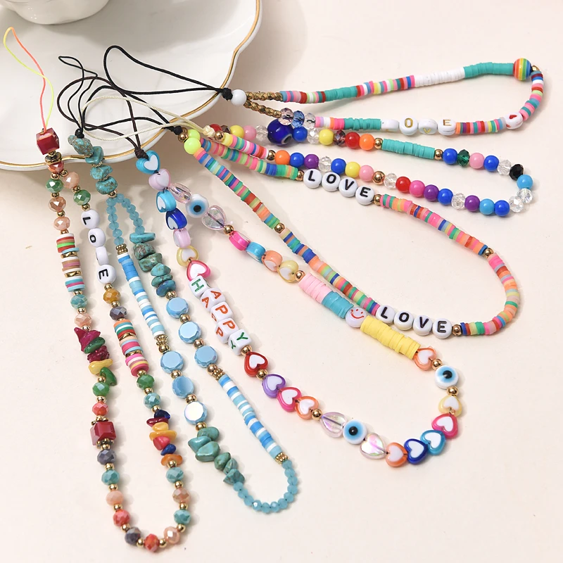 

Fashion Beads Mobile Phone Chain For Women Elegant Acrylic Clay Stone Cellphone Strap Lanyard Hanging Cord Keychain Jewelry Gift