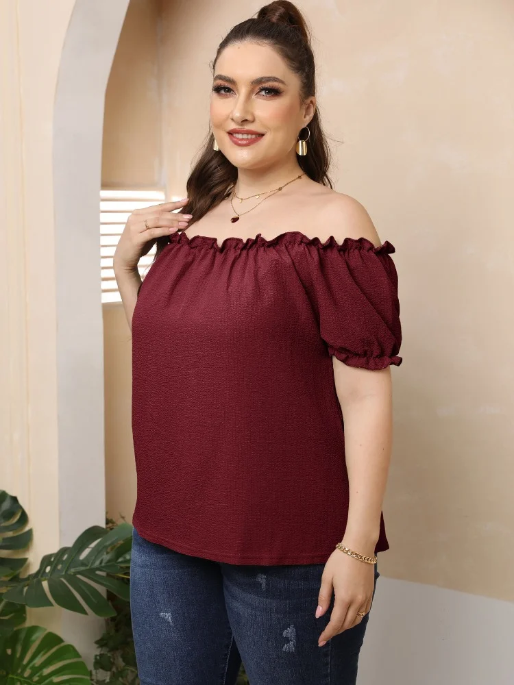 Women's wooden ear edge one line collar sexy off shoulder casual sweet short sleeved T-shirt plus size women clothing