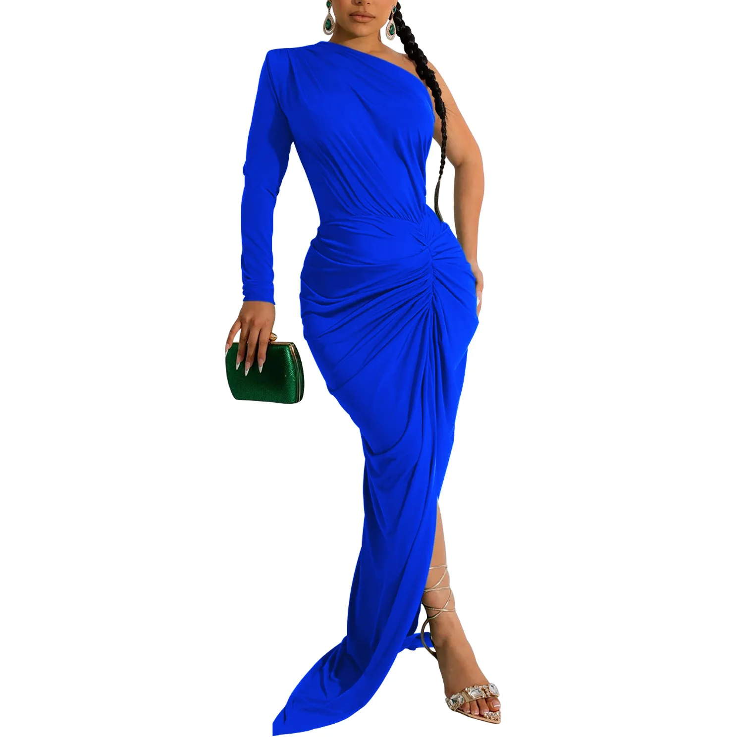 Women Elegant Soild Cocktail Dress One Shoulder Long Sleeve Prom Party Dress Bodycon Slim Waist High Split Nightclub Dresses