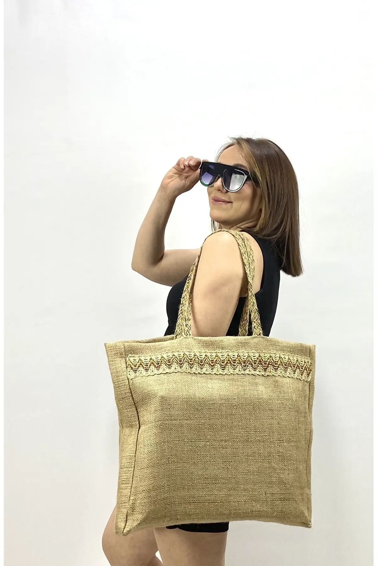 

Women Beach Bag Jute Zigzag Accessory Tote Bag Fashion Summer Large Capacity pattern Shoulder Shopping Bags