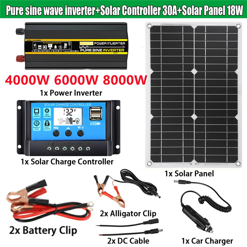 

4000W-8000W Solar Panel System 18V18W Solar Panel 30A Charge Controller Car Solar Inverter Kit Complete Power Generation Kit