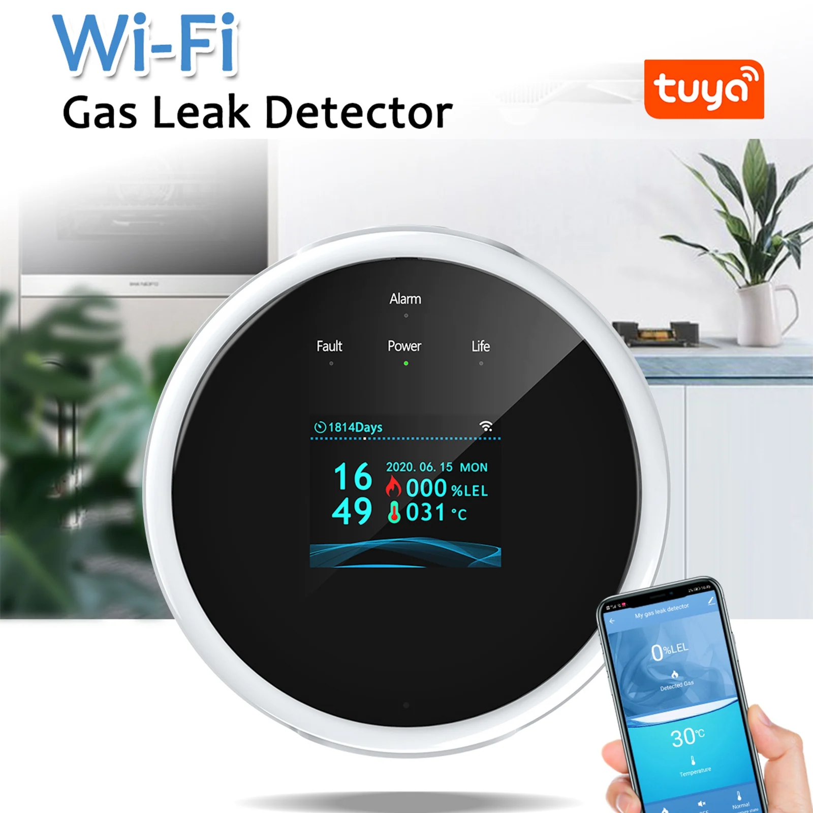 

Wi-Fi Smart Gas Leak Detector Natural Gas Tester Hanging Methane Alarm Buzzer with Sound and Light Voice Alarm and APP Control