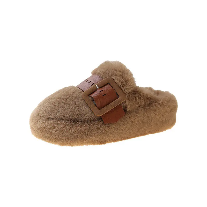 Winter Flats Women Slippers Fur Luxury Buckle Platform Mules Shoes Warm Short Plush Cotton Flip-flops 2023 New Snow Women Boots