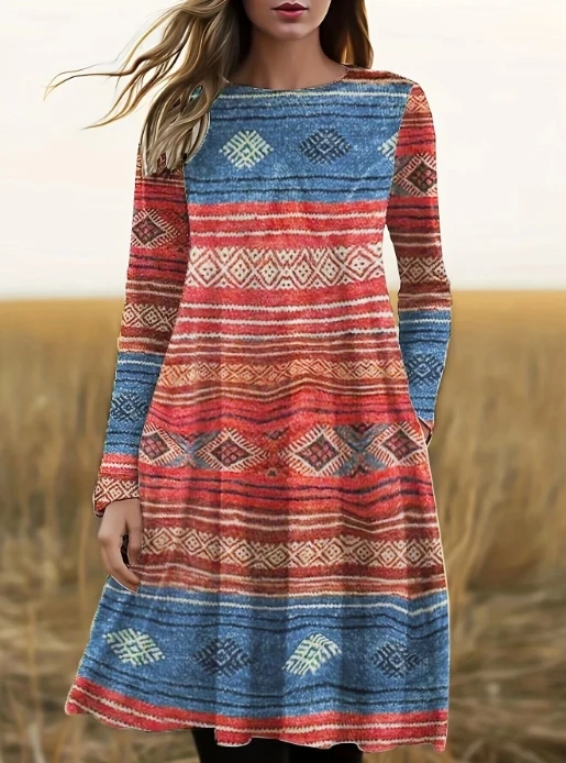 

Retro Women's Dress 2023 Ethnic Style Printed Round Neck Long Sleeve Floral Contrast Color Dress Casual High Waisted Dress