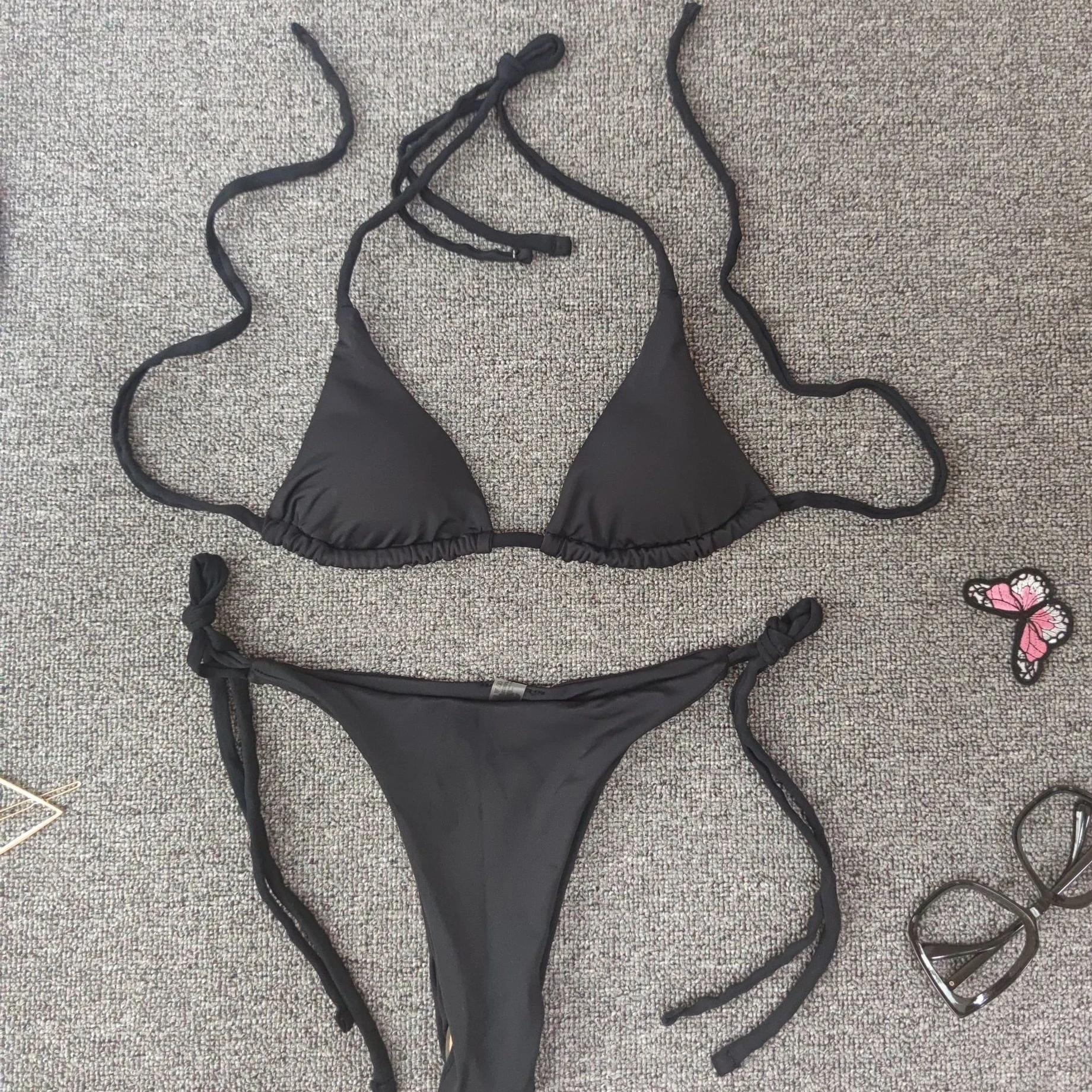 

Sexy Black Halter Bikinis Set Women Swimwear Thin Halter Classic Basic Style Bathing Suits Bandage Beachwear Brazilian Swimsuit