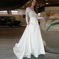 weeding dress lace stamp bridal long sleeves white satin v neck button bridesmaid skirt