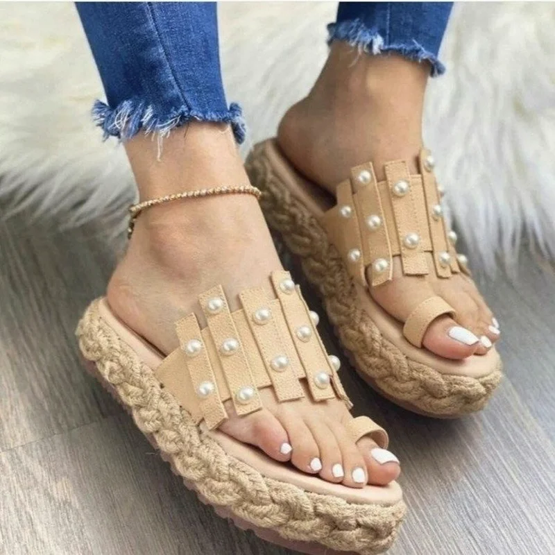 

Women Slippers Braided Edge Sandals Fashion Home Designer Shoes Women Pearl Sandal Beach Platform Slides Zapatos De Mujer