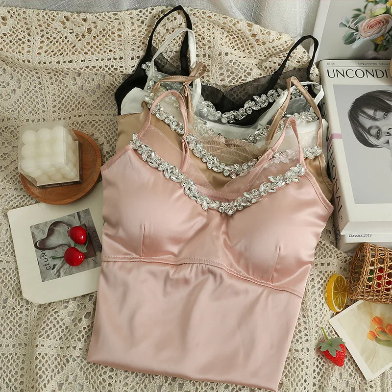 

French Diamond V-neck Camis Sexy Y2k Glossy Little Camisole Vest Black White Pink Corset Bustiers Short Tank Sharper Crop Top