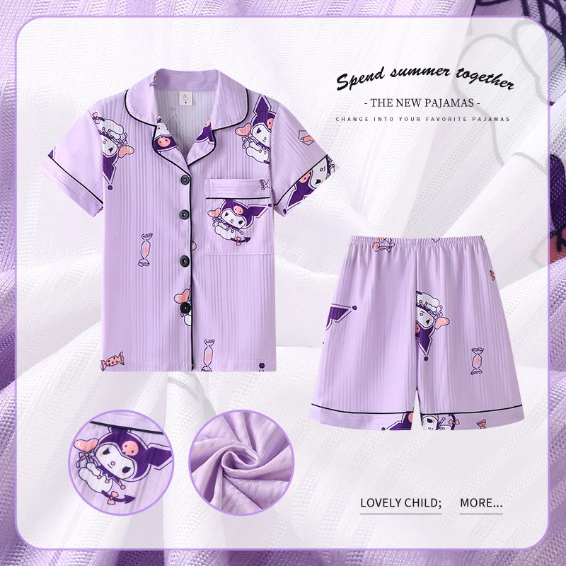 

Kawaii Sanrios Children's Pajamas Summer New Anime MyMelody Cinnamoroll Kuromi Cardigan Cartoon Short Sleeve Homewear Set Gift