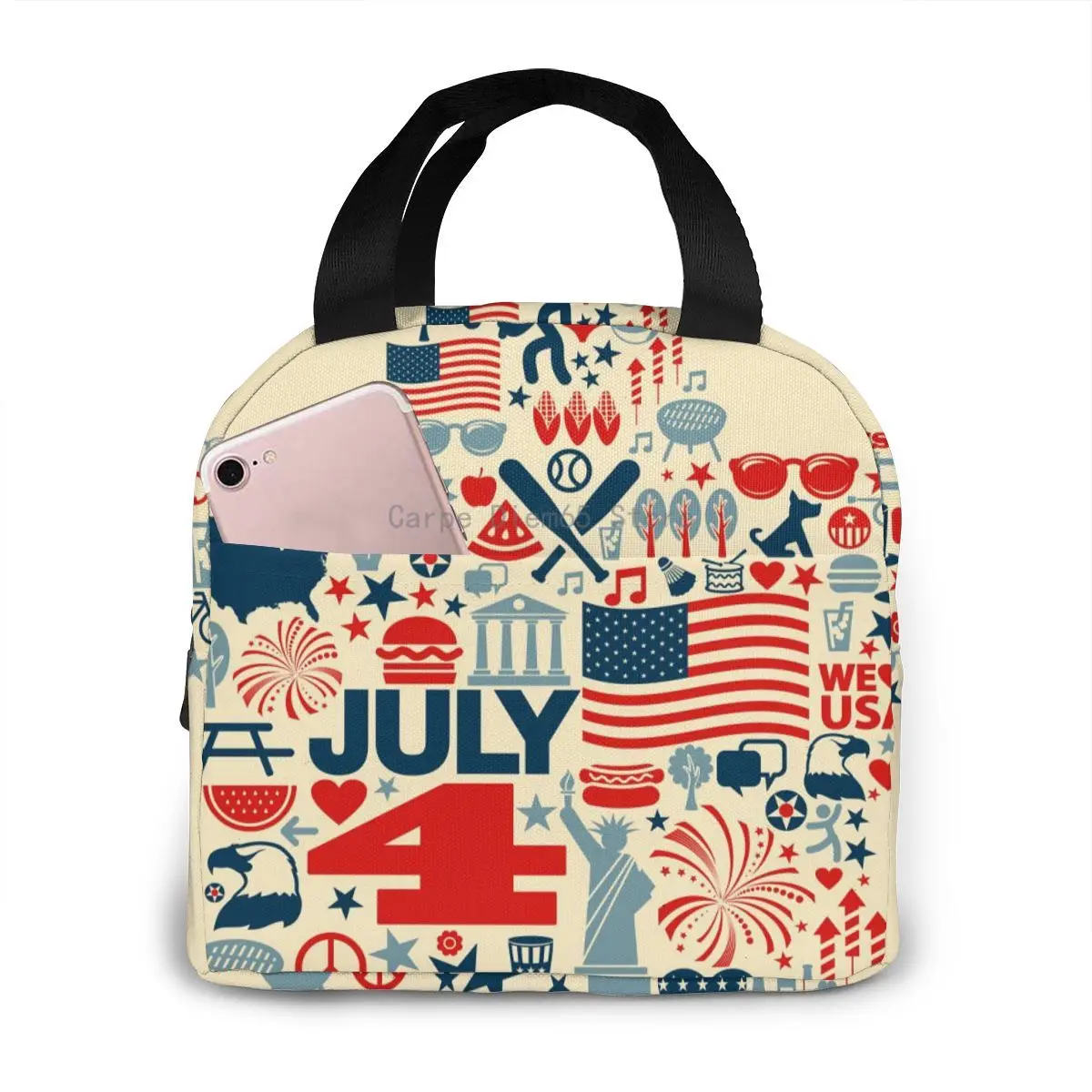 

Insulated Lunch Bag Thermal 4th Of July Icons Symbols Collage Cooler Picnic Food Lunch Box Bag For Kids Women Girls Men Children