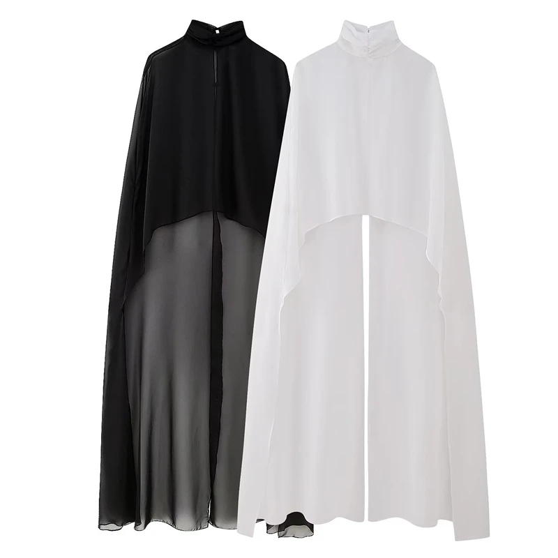 

Women's Summer New Loose Fashion Asymmetric Sunscreen Clothes High Neck Tulle Cape Cape Coat
