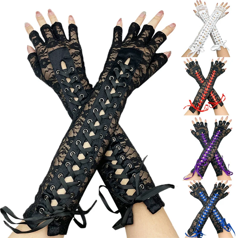 

Sexy Floral Lace Elbow Length Half-Finger Gloves Black String Ribbon Ties Up Dance Party Fingerless Women Fishnet Mesh Mittens