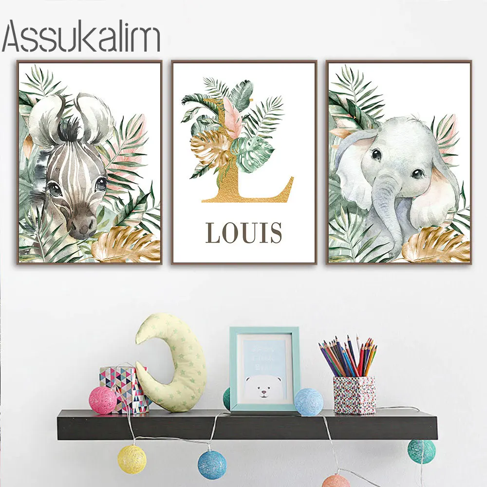 

Custom Name Posters Zebra Elephant Print Pictures Golden Letter Painting Poster Palm Art Prints Nursery Wall Art Baby Room Decor