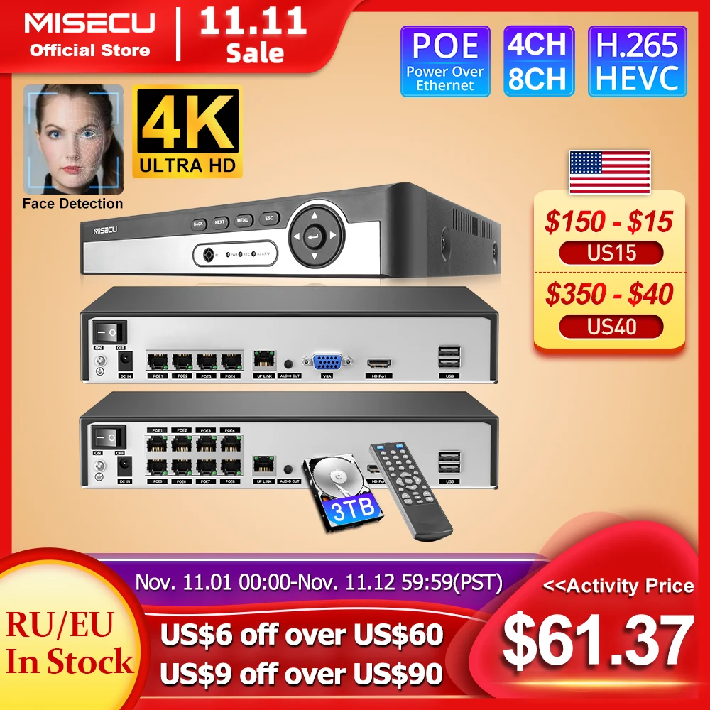 

Сетевой видеорегистратор MISECU, H.265, 4 канала, 8 каналов, 1080P, 5 Мп, 8 Мп, 4K