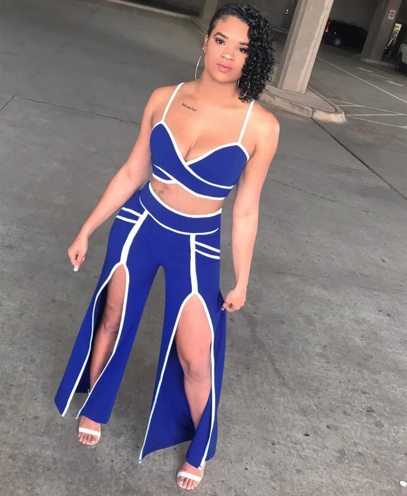 

KEXU Модные полосатые женские прямые широкие брюки с высоким разрезом свободные брюки и короткий топ на бретелях-спагетти комплект из двух предметов женская одежда