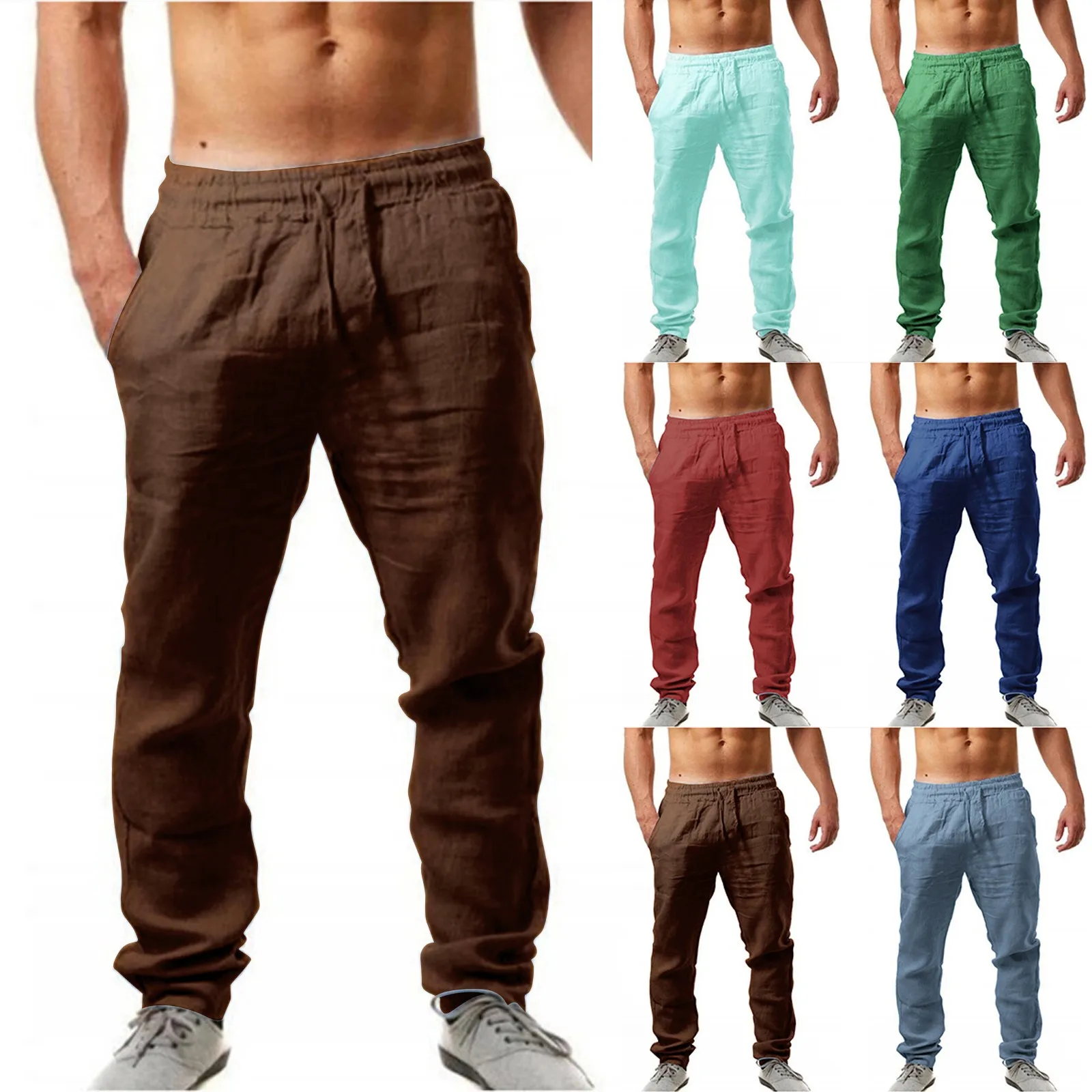 

New Baggy Solid Color Trousers Breathable Cotton Linen Pants Casual Elastic Waist Loose Pants Male Trousers Streetwear