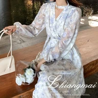 niggeey korean style floral dress vintage long sleeve v neck summer chiffon dress elegant casual womens dresses bandage vestido