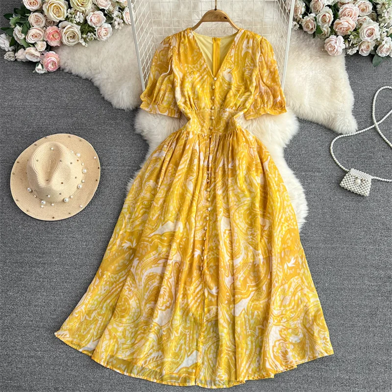 

Vintage Boho Printing Mid-Length Ladies Yellow Dress Summer V-neck High Waist Puff Sleeve Chic Button Decoration Women Vestidos