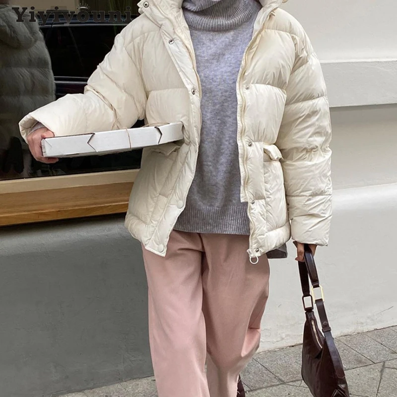 Yiyiyouni Hooded Thicken Bubble Coat Women Autumn Winter Cotton Liner Puffer Jacket Female Padded Parkas Solid Pockets Outerwear