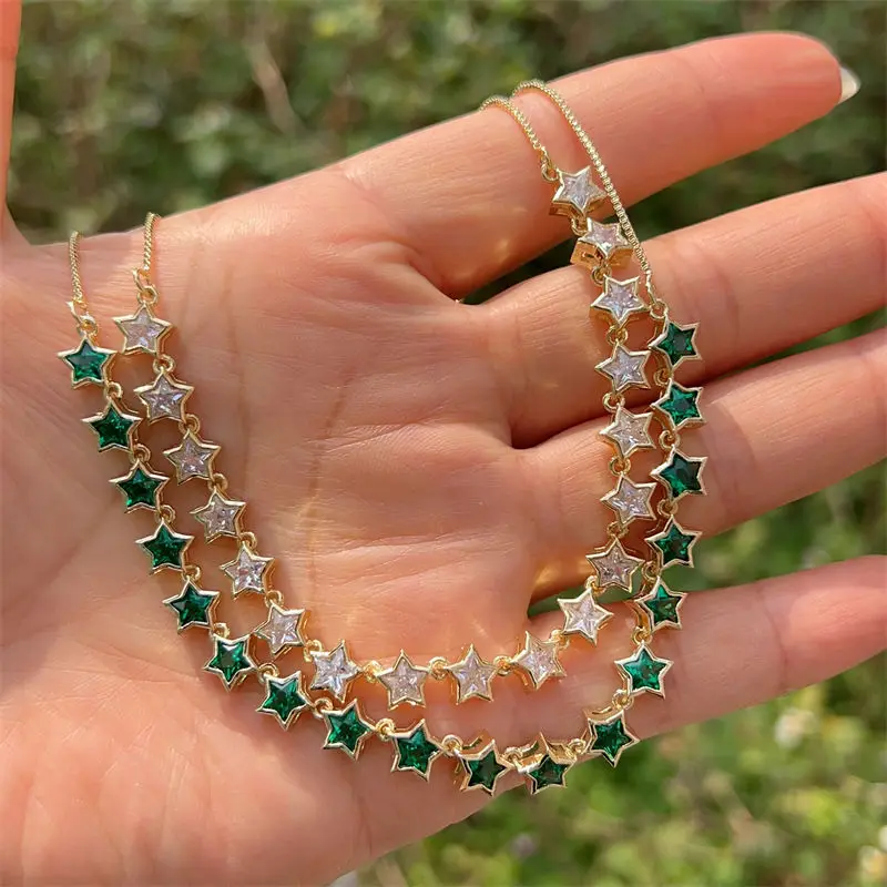 

Женское Ожерелье с кулоном в виде белых и зеленых звезд с фианитами, ожерелье-чокер с покрытием из 18-каратного золота, ювелирные изделия, подвеска для подарка на день рождения, 5 шт.