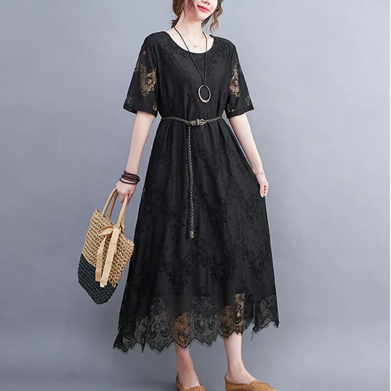 

Женское кружевное платье с поясом, повседневное облегающее офисное платье средней длины черного и белого цветов в Корейском стиле, лето 2023