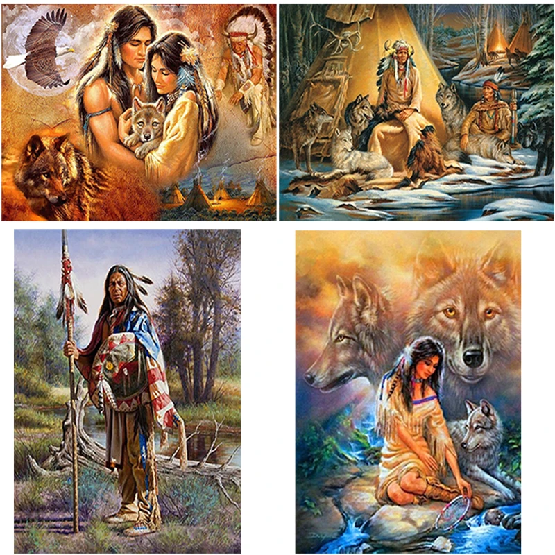 

5D DIY Diamond Painting Wolf & Indian Woman Diamond Embroidery Full Round Drill Animal Mosaic Rhinestone Cross Stitch Home Decor