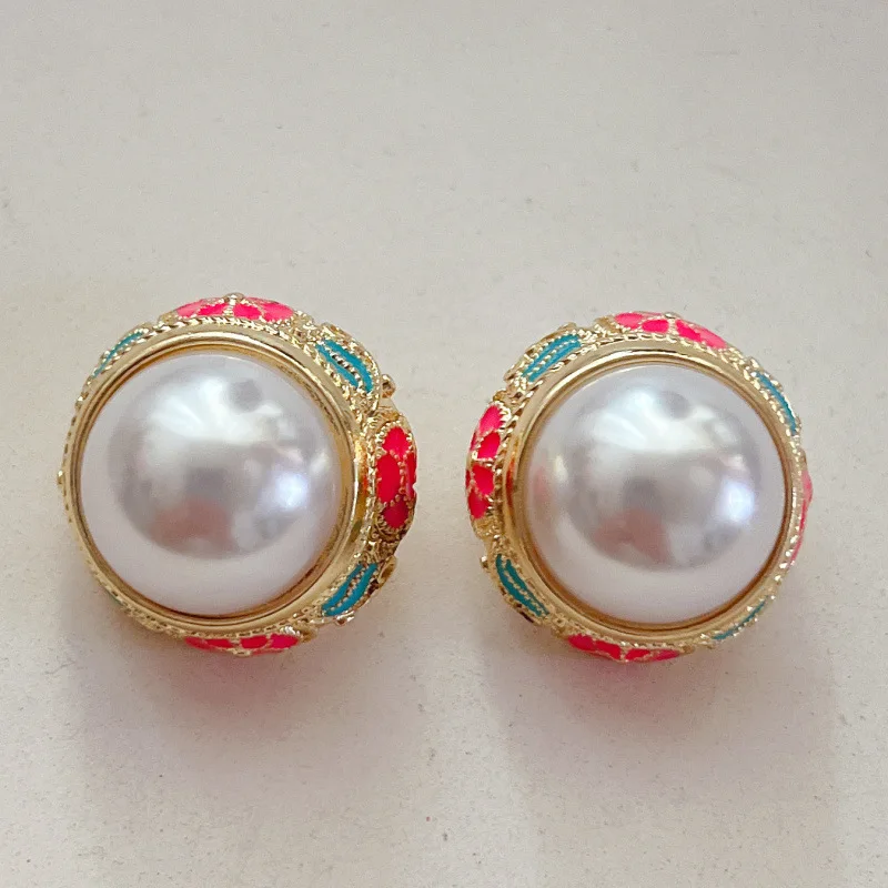 

New Vintage Design Elegant Court Baroque Enamel Pearl Earrings 925 Sterling Silver Stud Earrings Suitable For Women's Jewelry