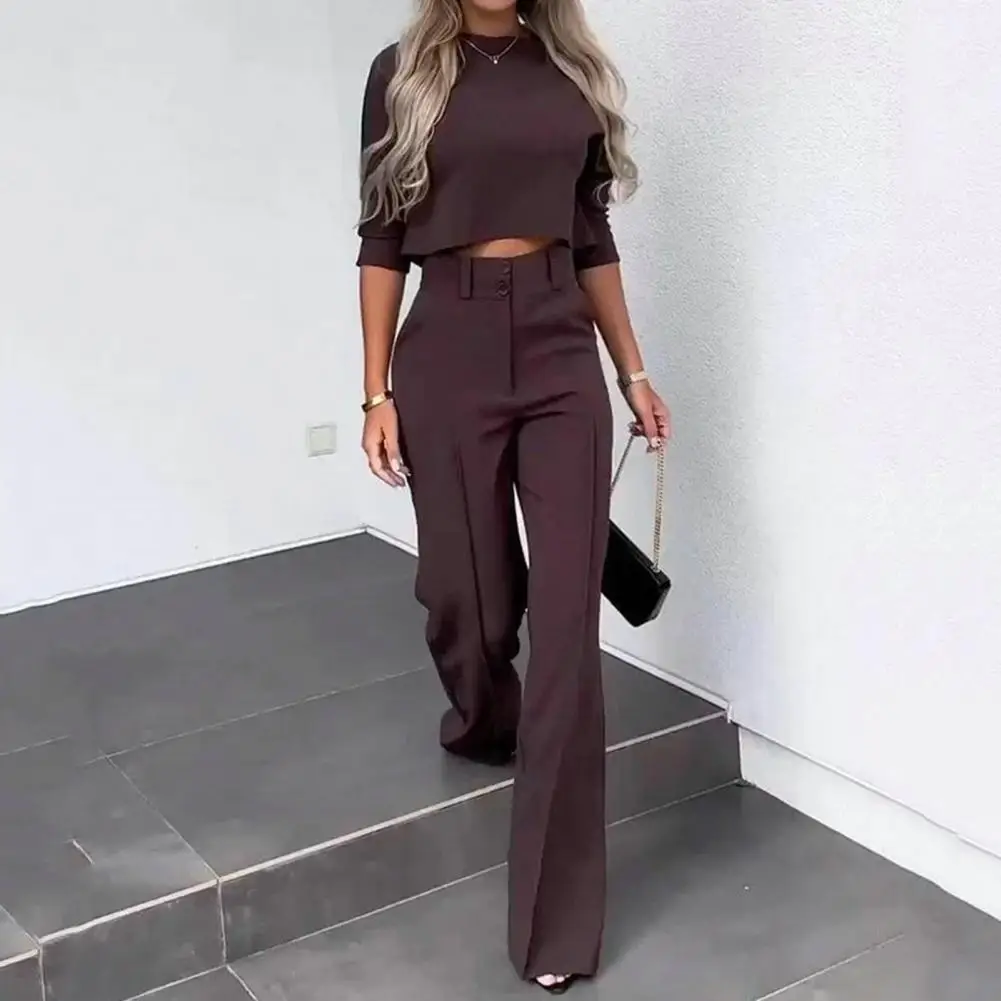 

Casual Fashion Women Half Sleeve Crop T-shirt & Wide Leg Pants Set Summer Femme Office Lady Two Pieces Suit Set Workwear Outfits