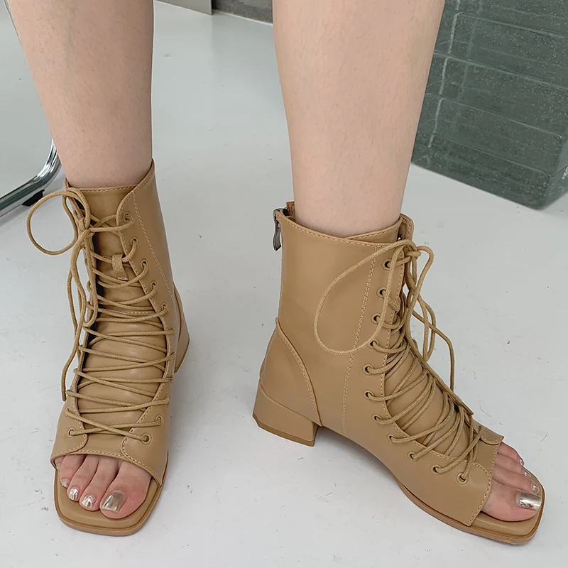 

New 2022 Shoes Female Heel Sandal Open Toe Casual Outdoor Elegant Fashion Lace Up Ladies Boots Zippers Ankle Boots For Women