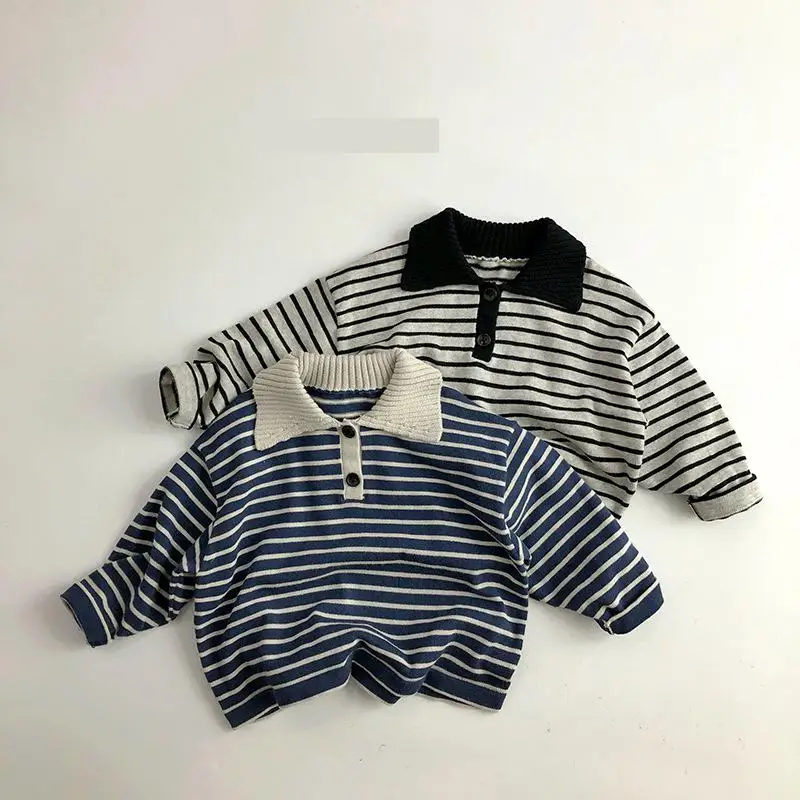 

2023 Autumn New Children Long Sleeve Knit Sweater Cotton Boys Striped Sweatter Baby Girls Knitted Polo Shirts Kids Clothes