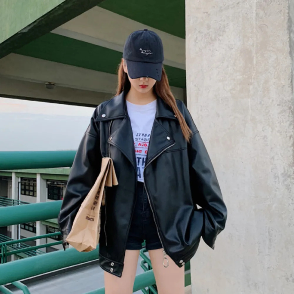 V-hanver Faux Leather Jacket Women Casual PU Loose Motorcycle Jackets Female Streetwear Oversized Coat Korean Chic New Spring